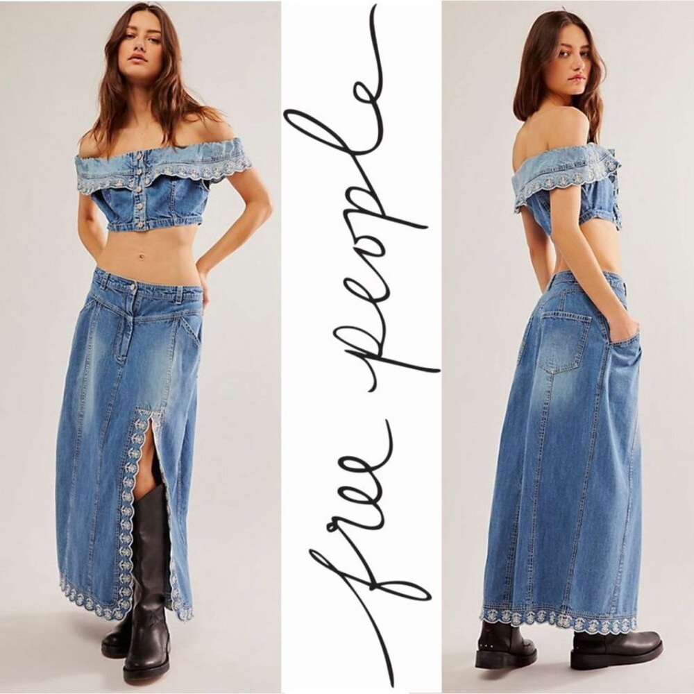 Free People Kora Crop Top Maxi Skirt Denim Embroidered Set Sz 2 NWT - Picture 5 of 15